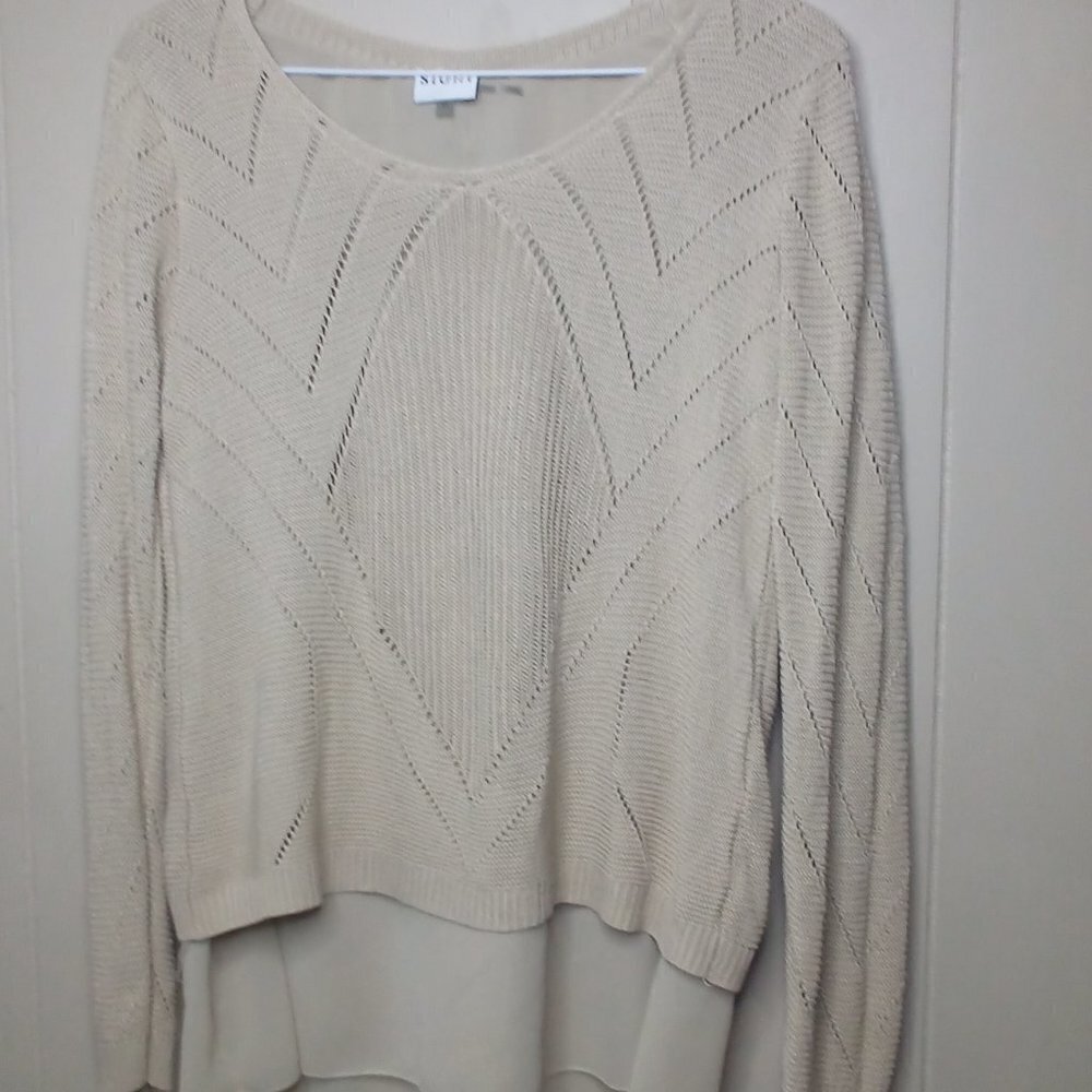 Sioni Blouse Sweater M Long Sleeve Open Knit Back Lace Up Lined Tan